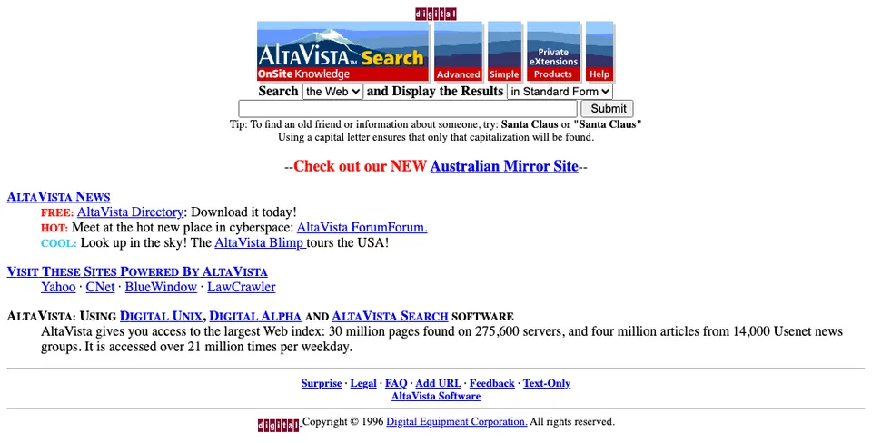 AltaVista'nın 1996 tarihli arama sayfası