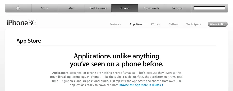 Apple'ın Temmuz 2008 tarihli App Store tanıtım sayfası