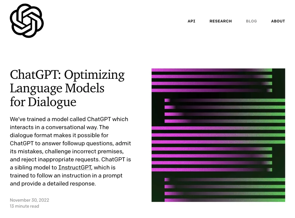 OpenAI'ın 30 Kasım 2022 tarihli ChatGPT duyuru sayfası