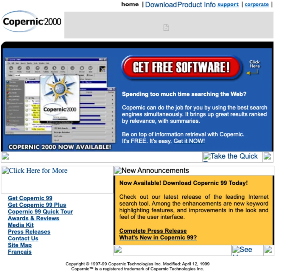 Copernic'in 1999 tarihli web sitesi: Copernic 2000 ve Copernic 99 masaüstü meta-arama yazılımının tanıtımı