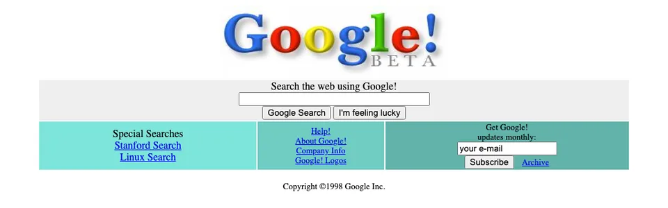 Google'ın Aralık 1998 tarihli, beta etiketli sade ana sayfası