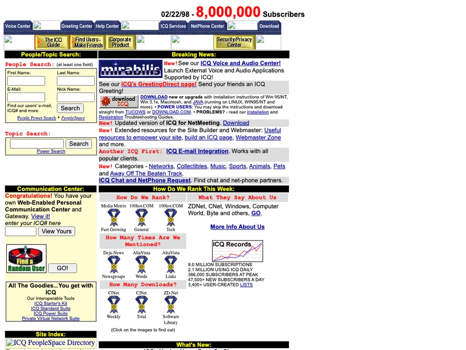 ICQ'nun 1998 tarihli web sitesi