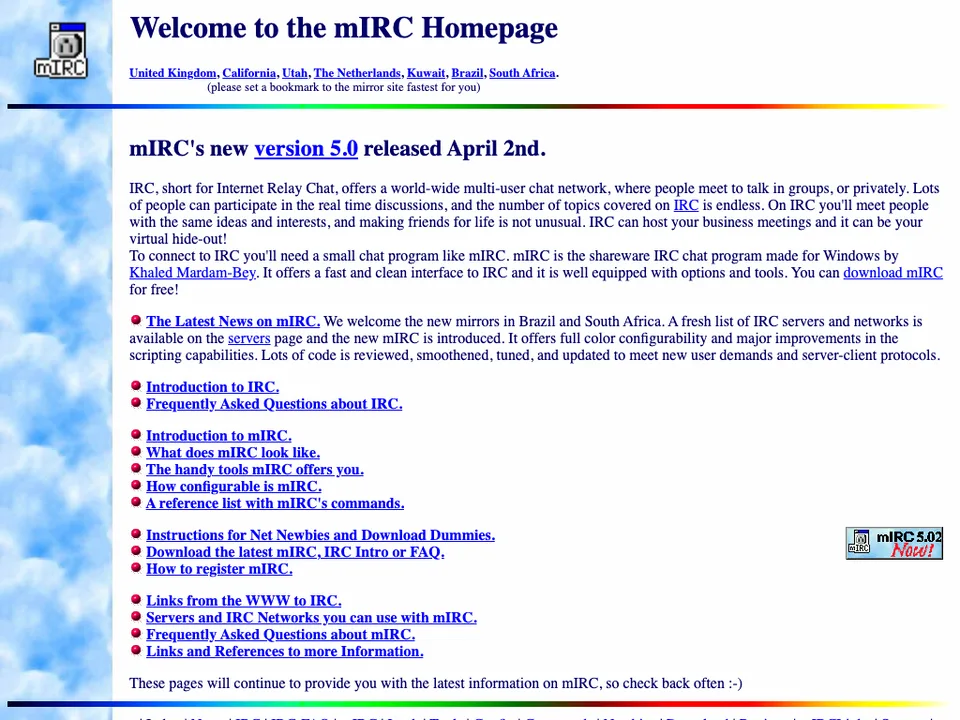 mIRC'ın 1997 tarihli resmi web sitesi