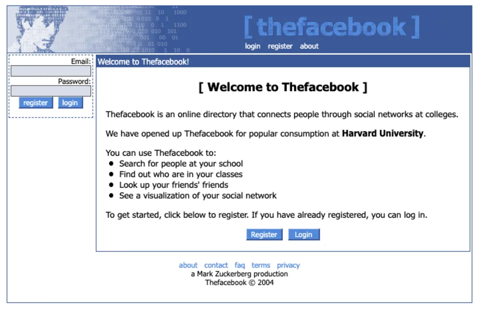 Thefacebook.com'un Şubat 2004 tarihli, yalnızca Harvard öğrencilerine açık giriş sayfası