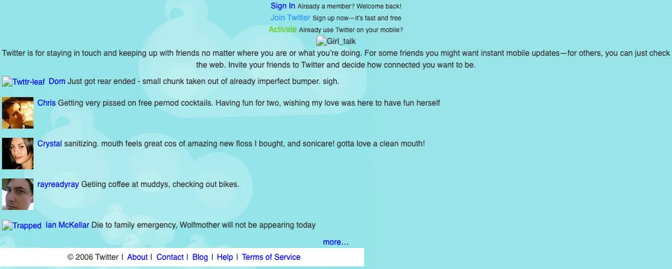 Twitter'ın 2006 tarihli ilk ana sayfası