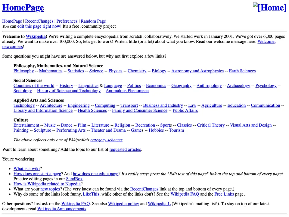Wikipedia'nın 2001 tarihli, ilk aylarına ait ana sayfası